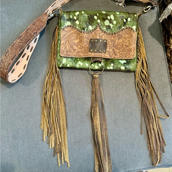 Keep It Gypsy Handbags - Keep It Gypsy green acid hair on hide leather rivets upcycled fringe crossbody